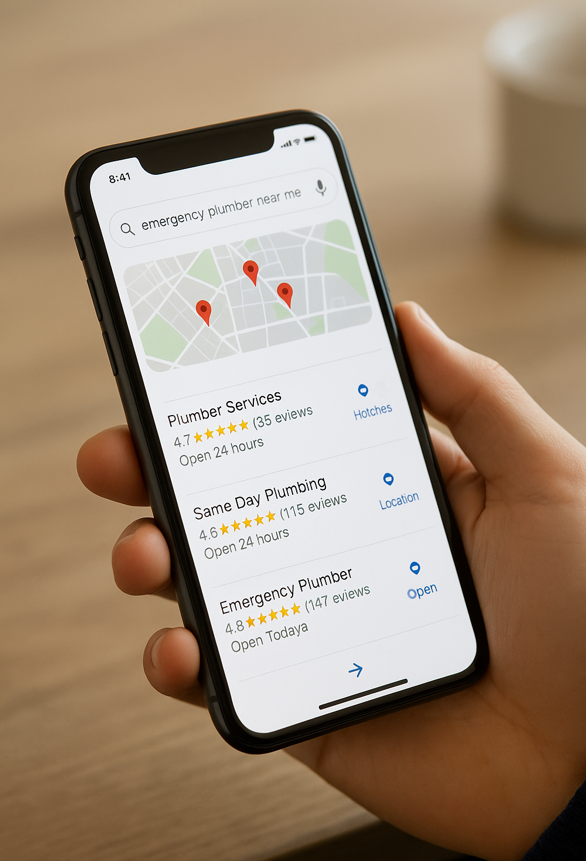 Person using a smartphone to search for an emergency plumber near me on Google, showing local plumber map listings and ratings in Melbourne.