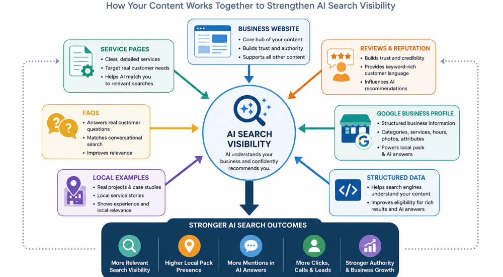 Graphic showing how service pages, FAQs, reviews, local examples, structured data, and Google Business Profile support AI search visibility.