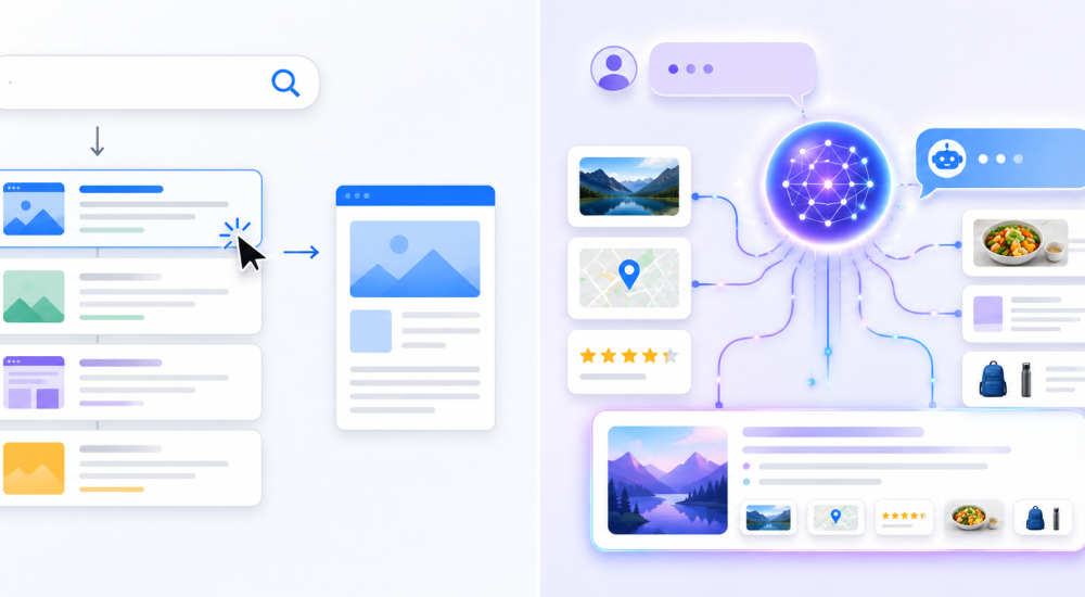 Diagram comparing traditional keyword search with conversational AI Mode search for local businesses.